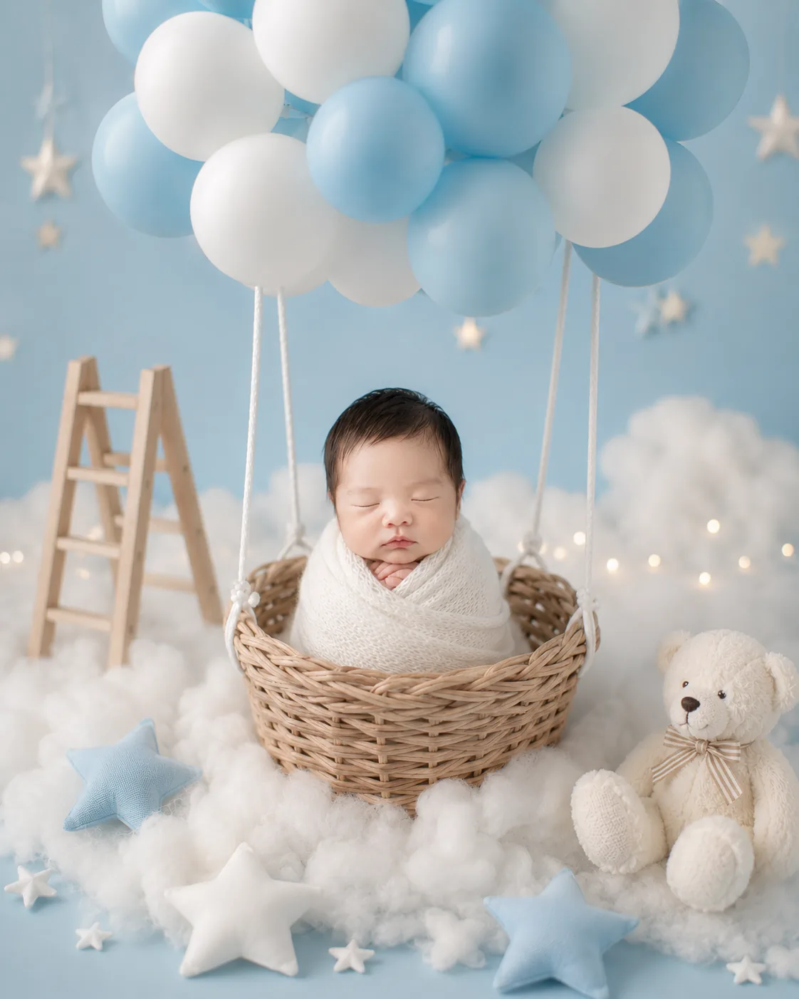 Alert baby sitting in a blue balloon milestone setup for a 100 days photography session