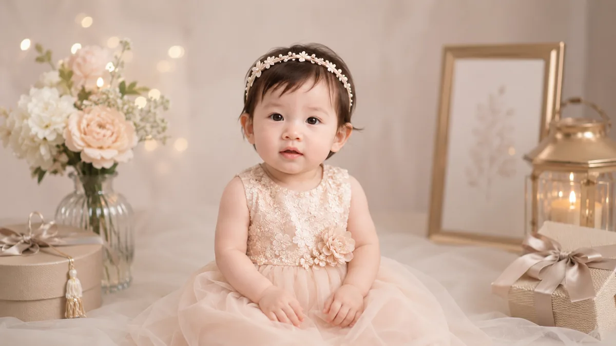 Sitting baby milestone portrait in a soft neutral studio set representing preparation and growth