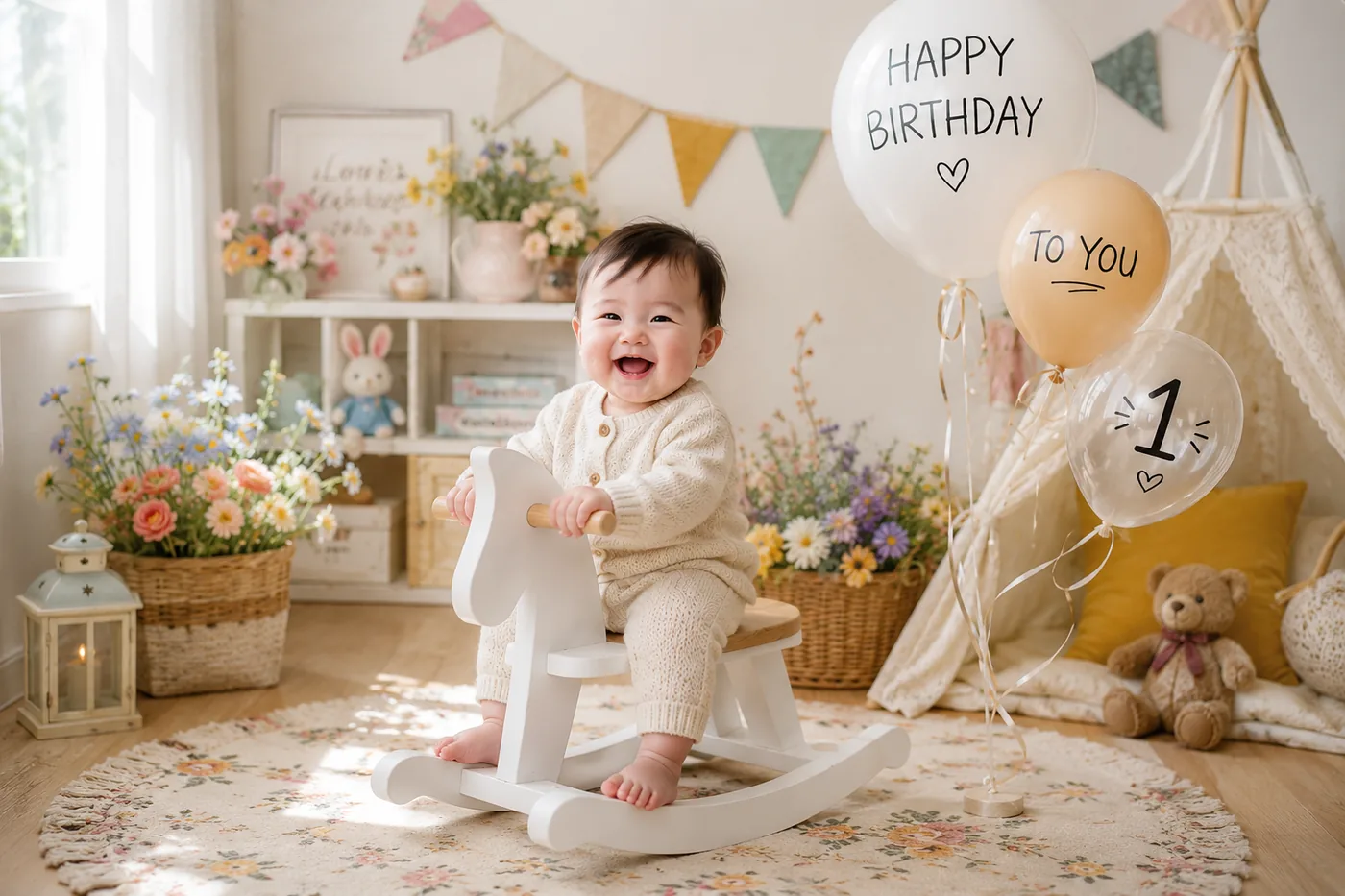 One year old baby sitting in a bright first birthday studio setup