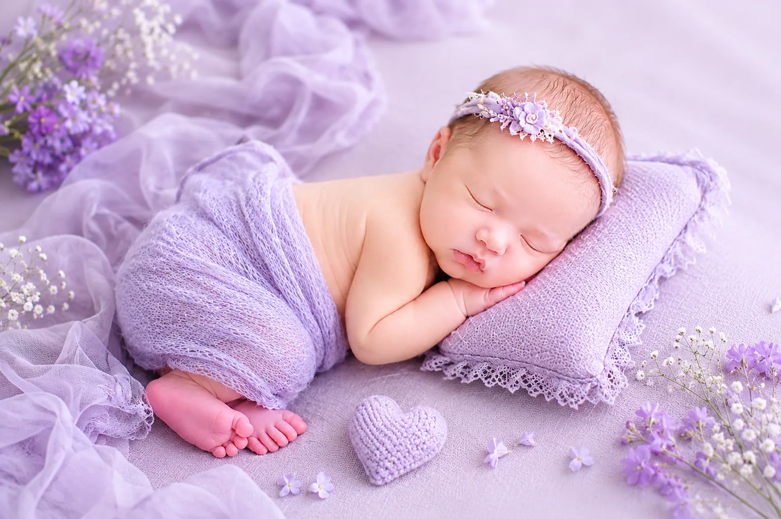 Sleeping newborn baby in a soft purple wrap photographed in a studio setting
