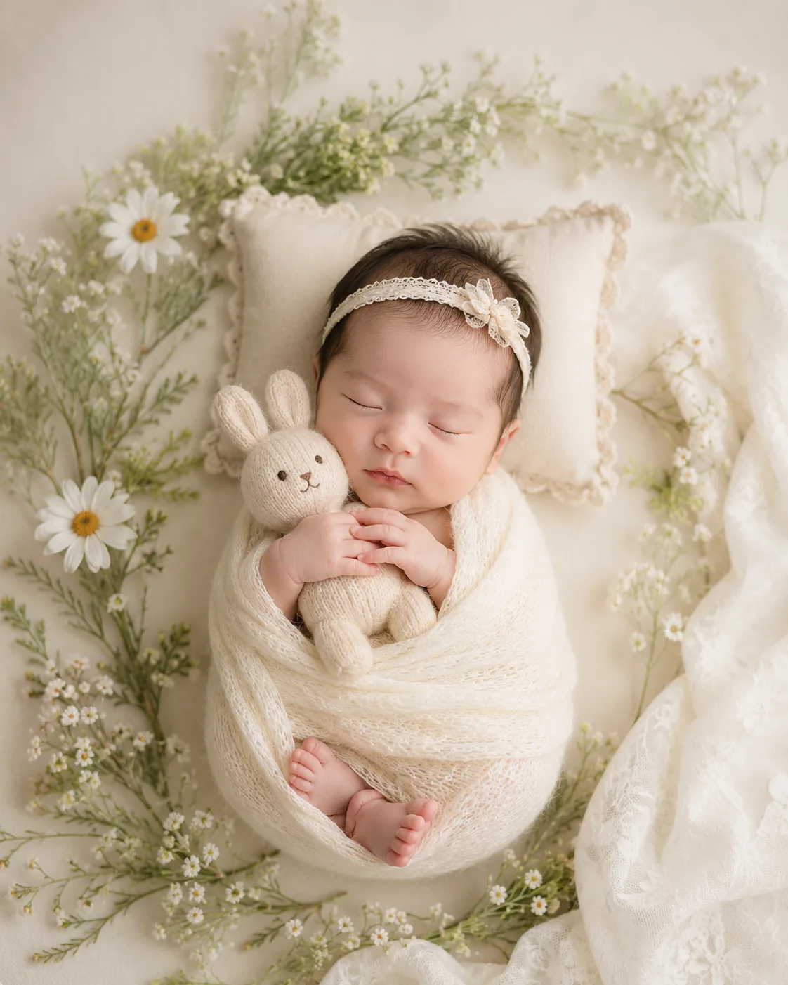 Wrapped newborn baby resting in a neutral basket setup for Brisbane newborn photography