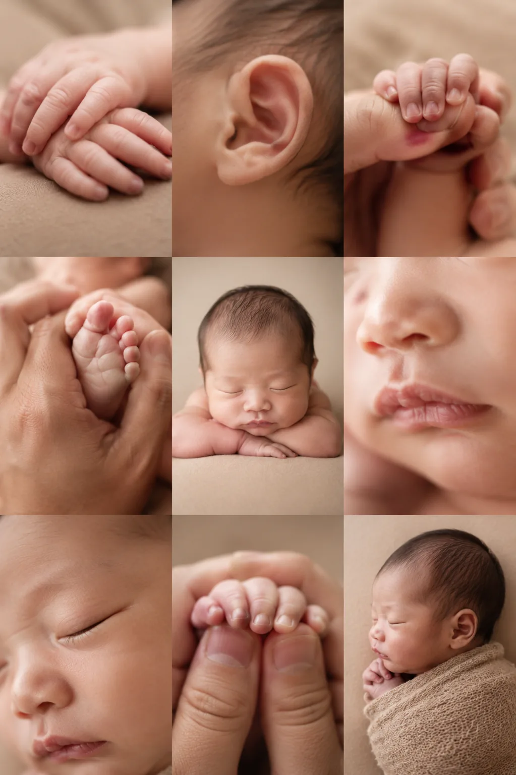 Close-up collage of newborn baby hands, feet and small detail photographs suitable for casting reference