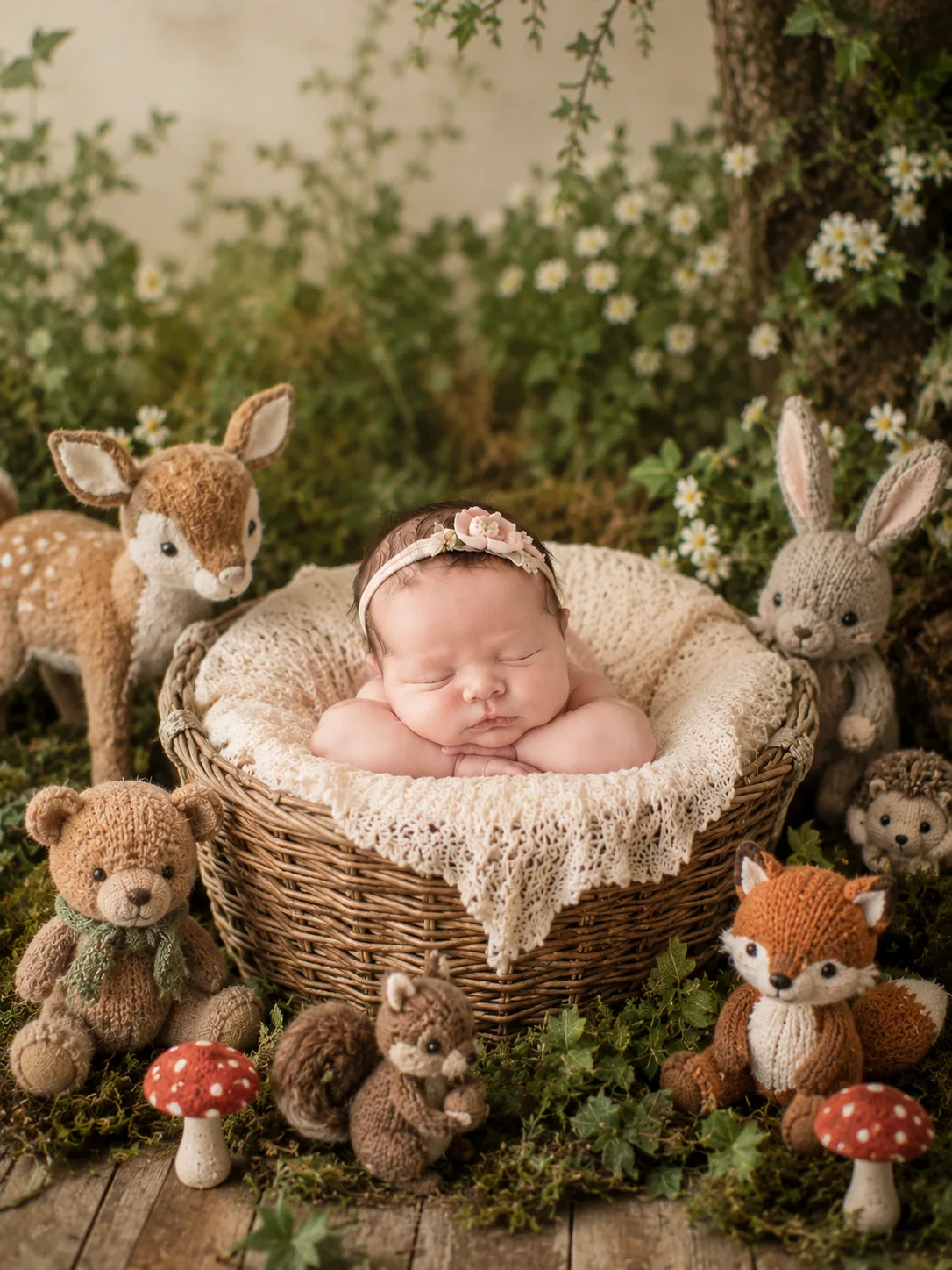 Newborn baby sleeping in a floral basket setup for North Lakes families