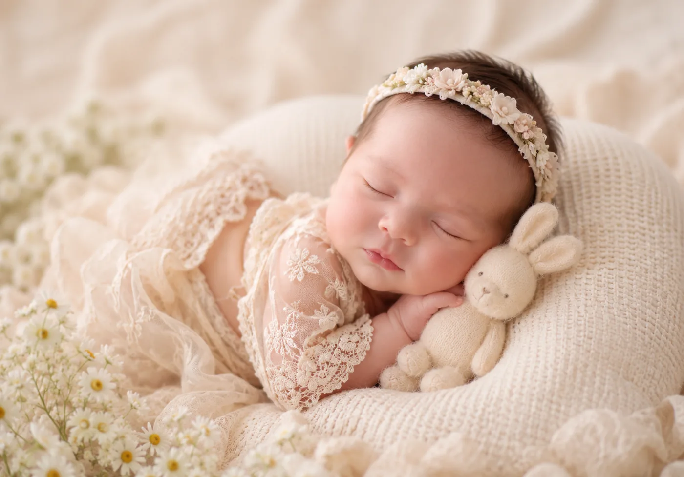 Sleepy newborn baby wrapped in cream layers during the early newborn photo window