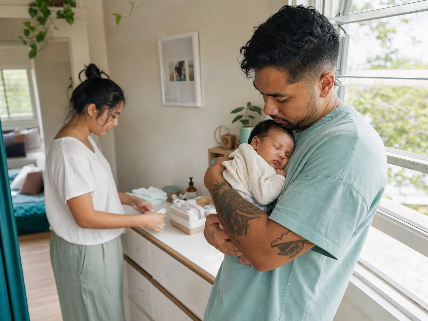 Australian parents settling into everyday life at home with their newborn baby