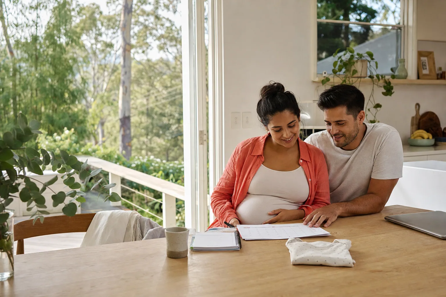 Expectant Australian couple planning for their baby together at a sunlit kitchen table