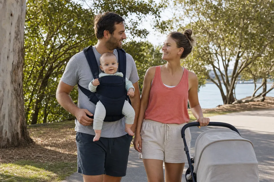 Brisbane parents walking with their baby in a carrier beside a pram