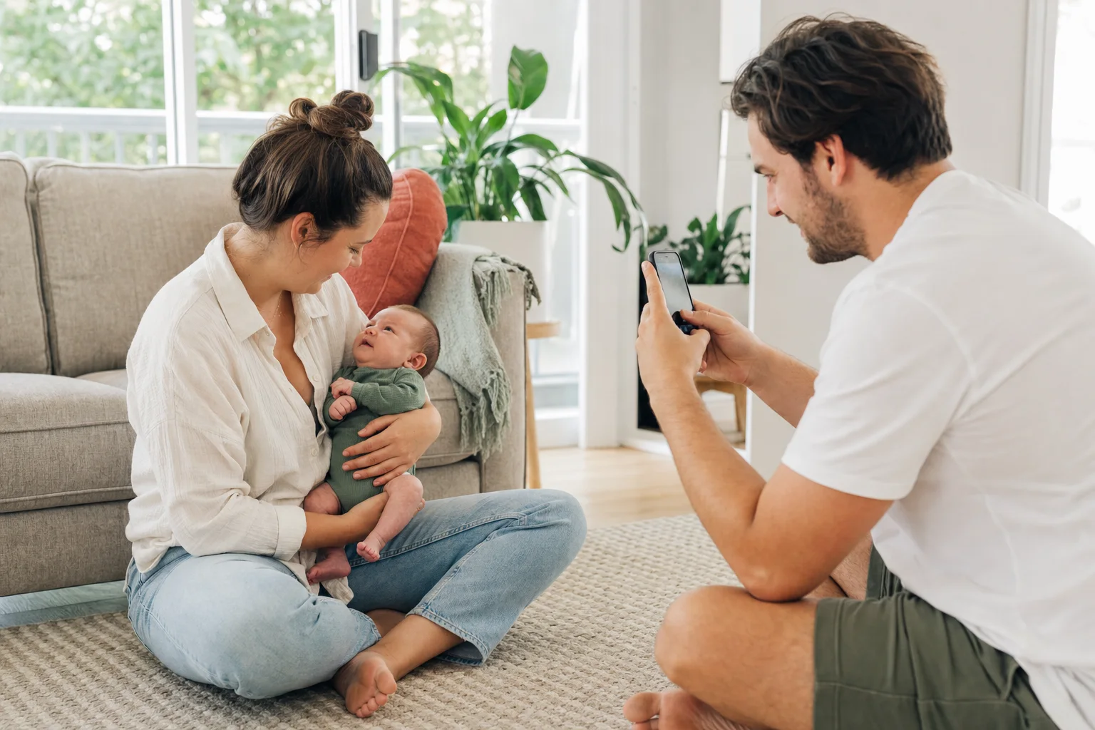 Australian parents making a simple phone photo while one parent supports their newborn at floor level